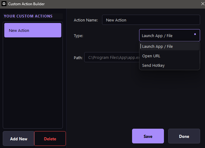 Custom Action Builder dialog