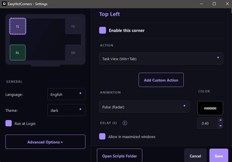 EasyHotCorners Settings Window